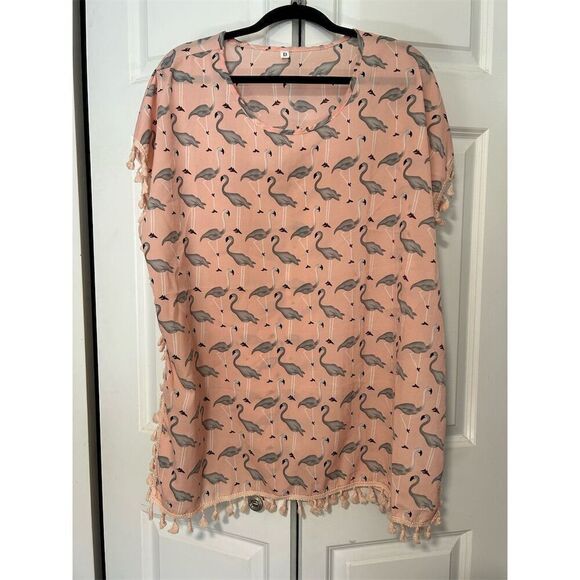 Flamingo Print Beach Cover Up Dress Women's pink/gray Tassel Trim - Picture 1 of 5